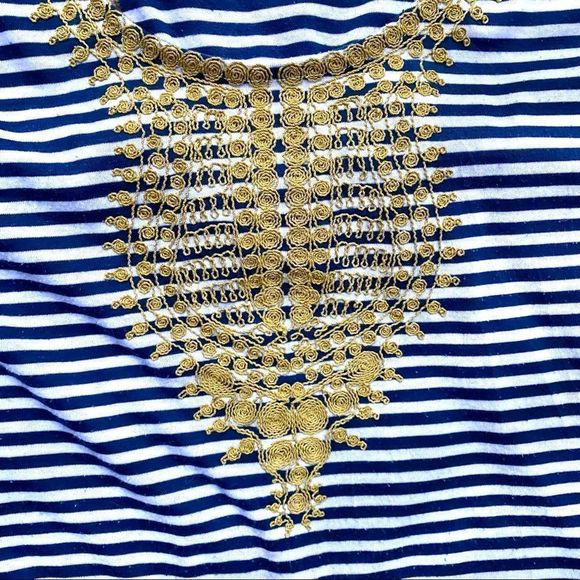 Rain Striped Nautical Hamptons Gold Embroidered Blue & White Tank Top Size M - Picture 2 of 7